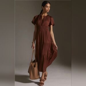 Anthropologie The Somerset Maxi Dress Chocolate Brown XXS Tiered Feminine Weddin